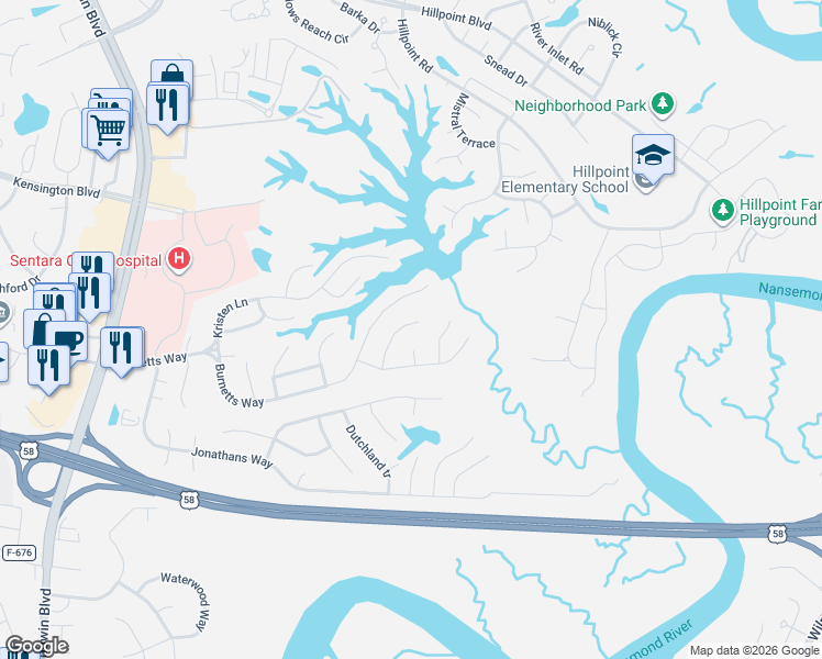 map of restaurants, bars, coffee shops, grocery stores, and more near 220 Widgeon Court in Suffolk