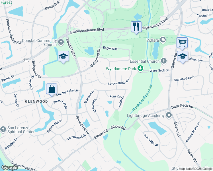 map of restaurants, bars, coffee shops, grocery stores, and more near 4229 Spruce Knob Road in Virginia Beach