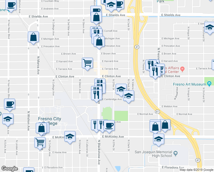 map of restaurants, bars, coffee shops, grocery stores, and more near 1726 East Vassar Avenue in Fresno
