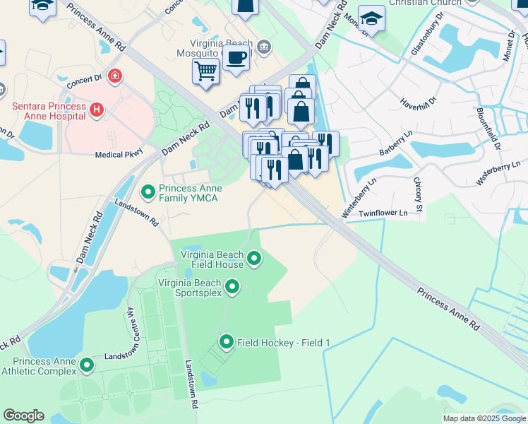 map of restaurants, bars, coffee shops, grocery stores, and more near 3331 Princess Anne Road in Virginia Beach