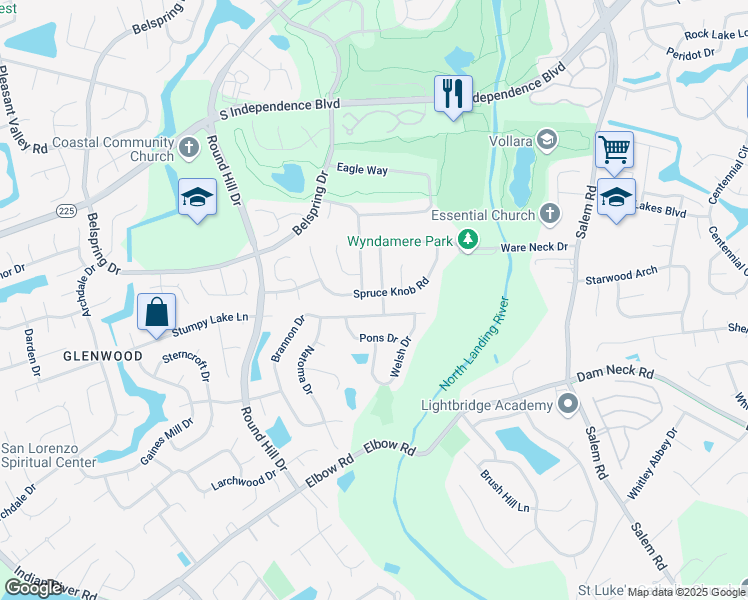 map of restaurants, bars, coffee shops, grocery stores, and more near 4181 Spruce Knob Road in Virginia Beach