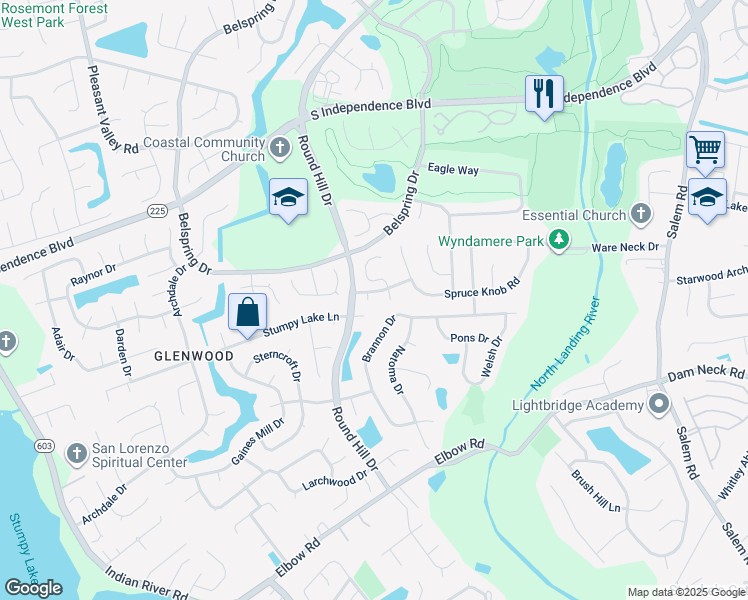 map of restaurants, bars, coffee shops, grocery stores, and more near 2304 Shadow Point Court in Virginia Beach