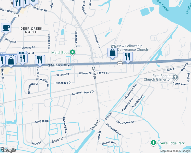 map of restaurants, bars, coffee shops, grocery stores, and more near 829 Canal Drive in Chesapeake