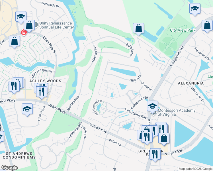 map of restaurants, bars, coffee shops, grocery stores, and more near 1449 Thistlewood Lane in Chesapeake