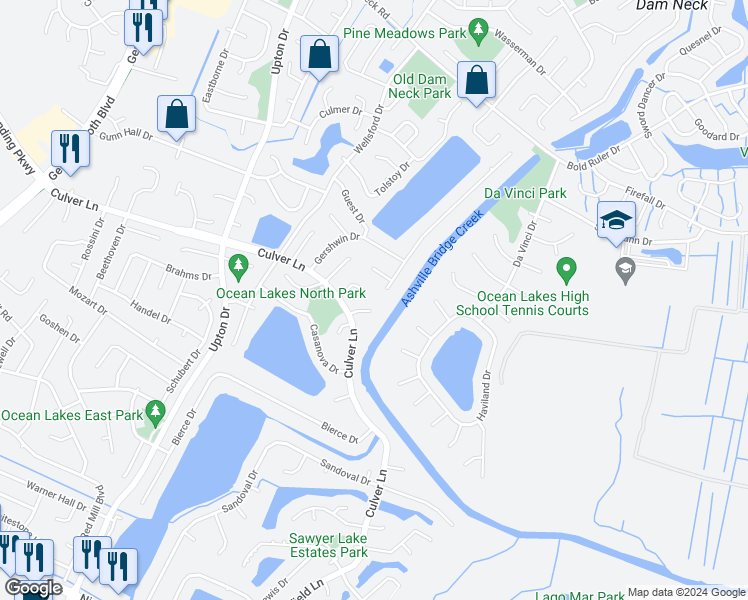 map of restaurants, bars, coffee shops, grocery stores, and more near 1912 Bernstein Drive in Virginia Beach