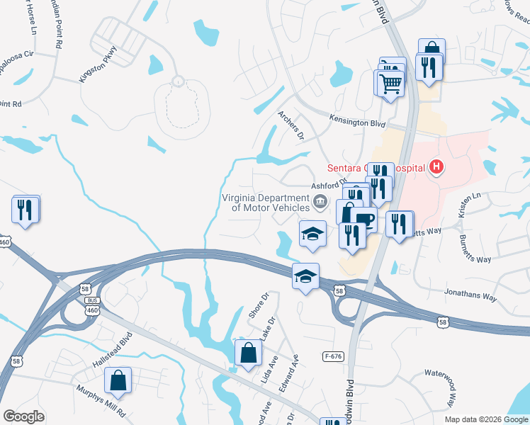map of restaurants, bars, coffee shops, grocery stores, and more near 119 Berkshire Boulevard in Suffolk