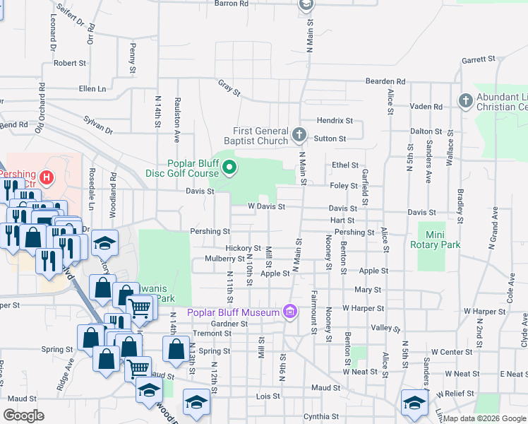 map of restaurants, bars, coffee shops, grocery stores, and more near 1429 Mill Street in Poplar Bluff