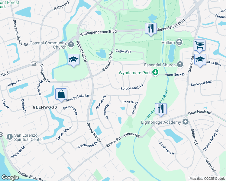 map of restaurants, bars, coffee shops, grocery stores, and more near 4249 Spruce Knob Road in Virginia Beach