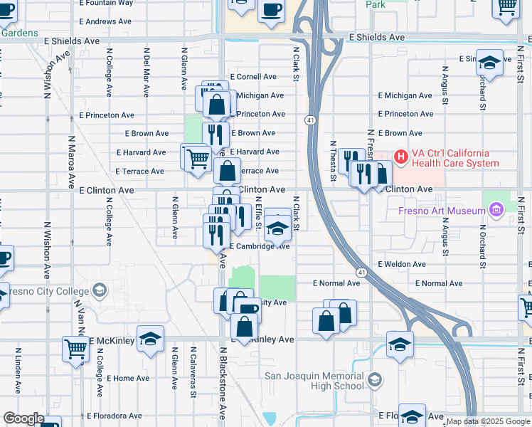 map of restaurants, bars, coffee shops, grocery stores, and more near 1846 East Vassar Avenue in Fresno