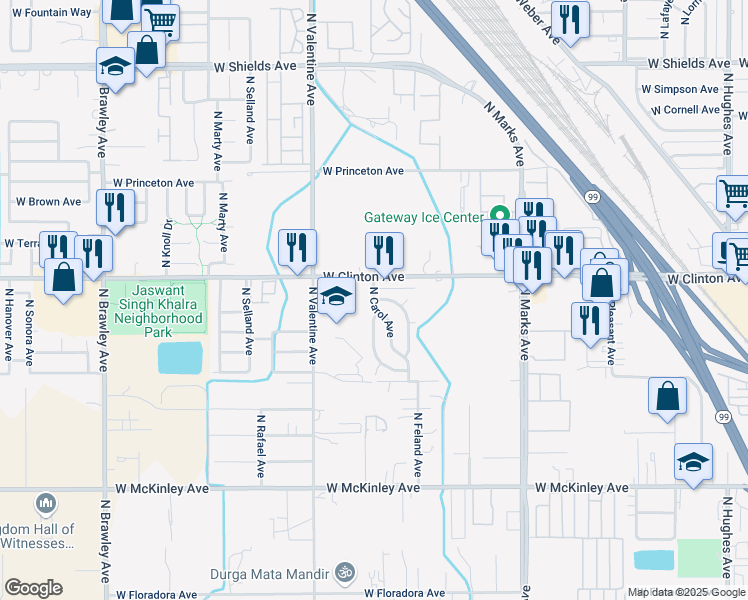 map of restaurants, bars, coffee shops, grocery stores, and more near West Vassar Avenue & North Carol Avenue in Fresno