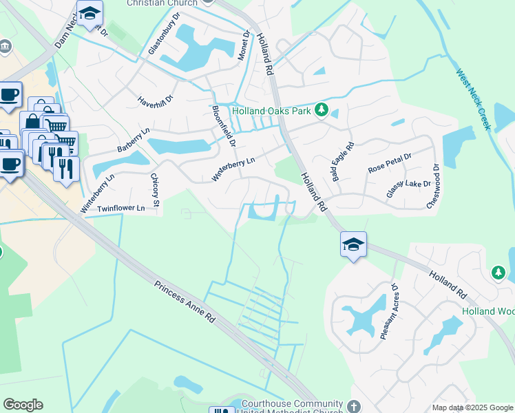map of restaurants, bars, coffee shops, grocery stores, and more near 2021 Damascus Court in Virginia Beach