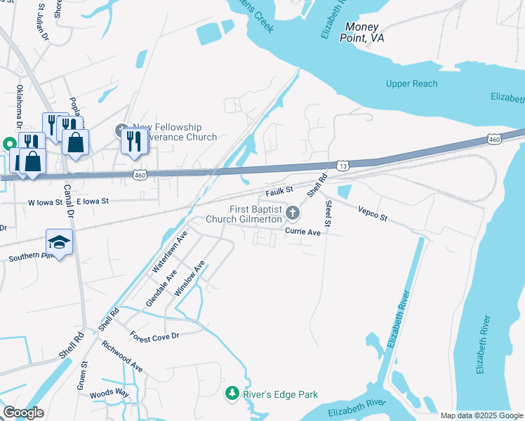 map of restaurants, bars, coffee shops, grocery stores, and more near 119 Ford Street in Chesapeake