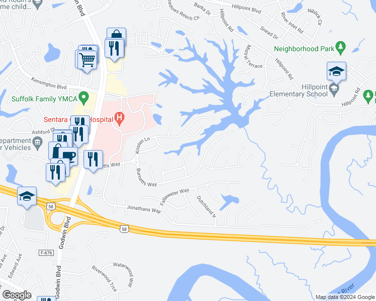 map of restaurants, bars, coffee shops, grocery stores, and more near 119 Timberneck Arch in Suffolk