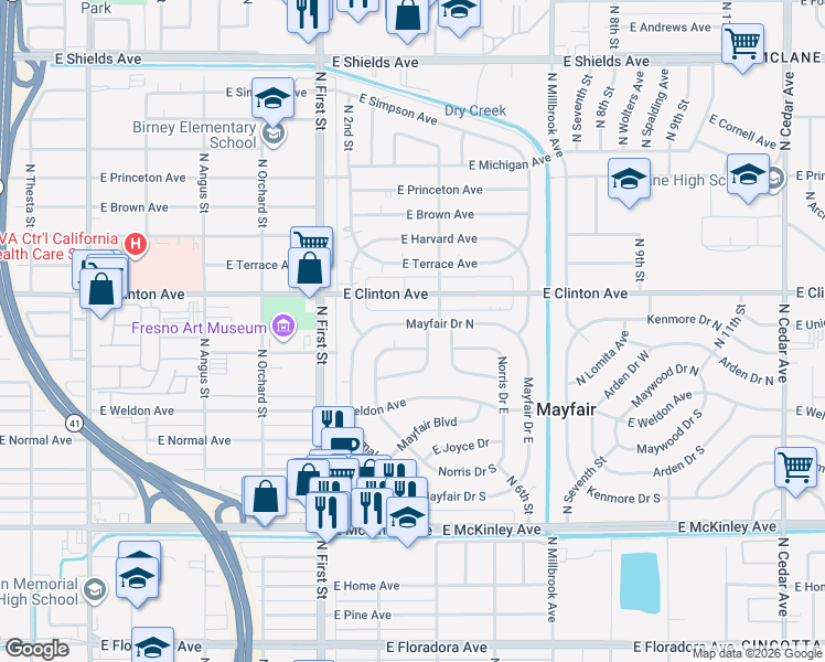 map of restaurants, bars, coffee shops, grocery stores, and more near 3344 Mayfair Drive North in Fresno