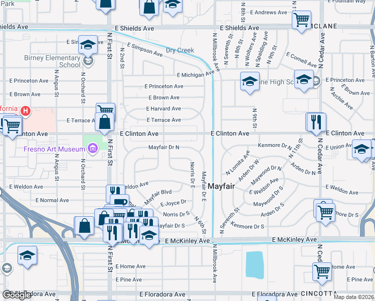 map of restaurants, bars, coffee shops, grocery stores, and more near 3494 Mayfair Drive North in Fresno