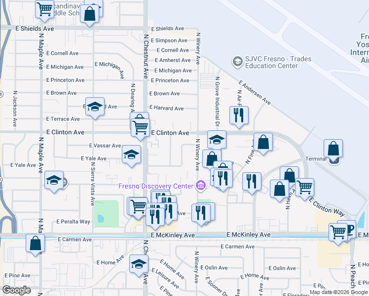 map of restaurants, bars, coffee shops, grocery stores, and more near 2232 North Laureen Avenue in Fresno