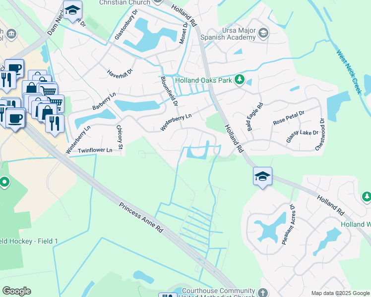 map of restaurants, bars, coffee shops, grocery stores, and more near 2024 Aloma Drive in Virginia Beach