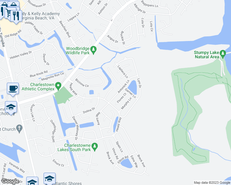 map of restaurants, bars, coffee shops, grocery stores, and more near 916 Antonick Lane in Virginia Beach