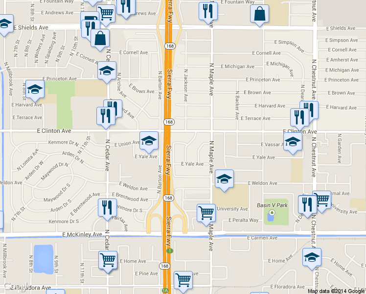 map of restaurants, bars, coffee shops, grocery stores, and more near 2225 North Jackson Avenue in Fresno
