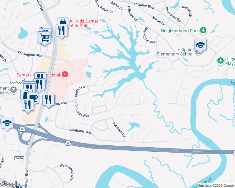 map of restaurants, bars, coffee shops, grocery stores, and more near 263 Burnetts Way in Suffolk