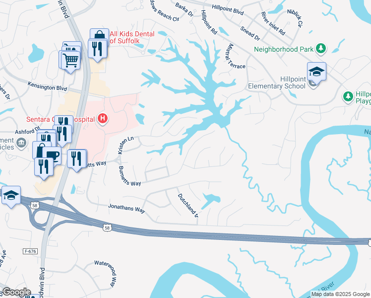 map of restaurants, bars, coffee shops, grocery stores, and more near 263 Burnetts Way in Suffolk