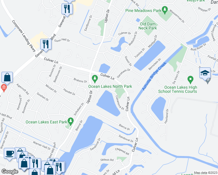 map of restaurants, bars, coffee shops, grocery stores, and more near 1072 Casanova Drive in Virginia Beach