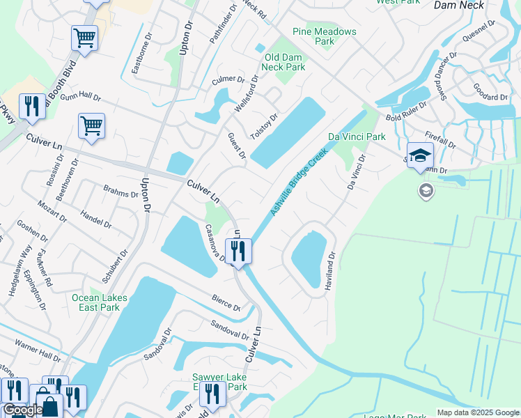 map of restaurants, bars, coffee shops, grocery stores, and more near 1912 Bernstein Drive in Virginia Beach