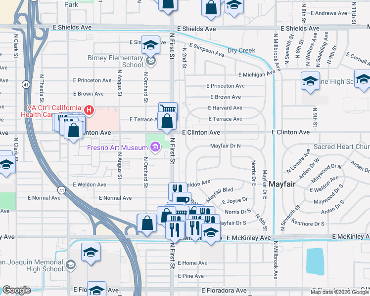 map of restaurants, bars, coffee shops, grocery stores, and more near 2236 North First Street in Fresno