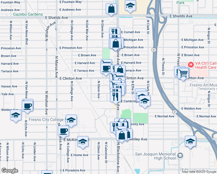 map of restaurants, bars, coffee shops, grocery stores, and more near 1608 East Vassar Avenue in Fresno