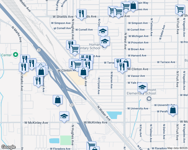 map of restaurants, bars, coffee shops, grocery stores, and more near 1741 West Clinton Avenue in Fresno