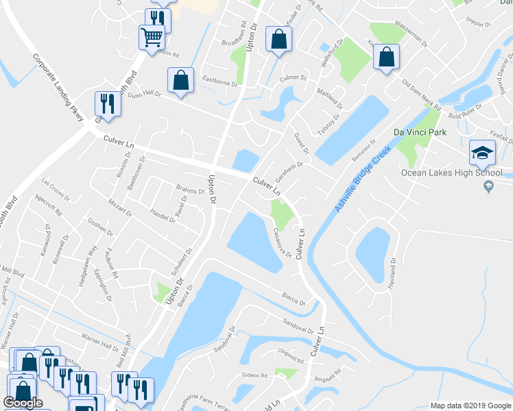 map of restaurants, bars, coffee shops, grocery stores, and more near 1068 Casanova Drive in Virginia Beach