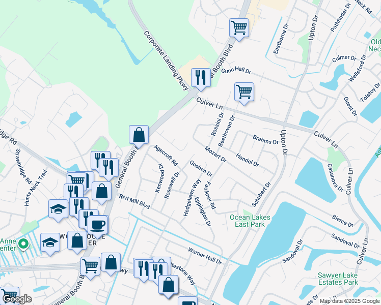 map of restaurants, bars, coffee shops, grocery stores, and more near 2133 Rosewell Drive in Virginia Beach
