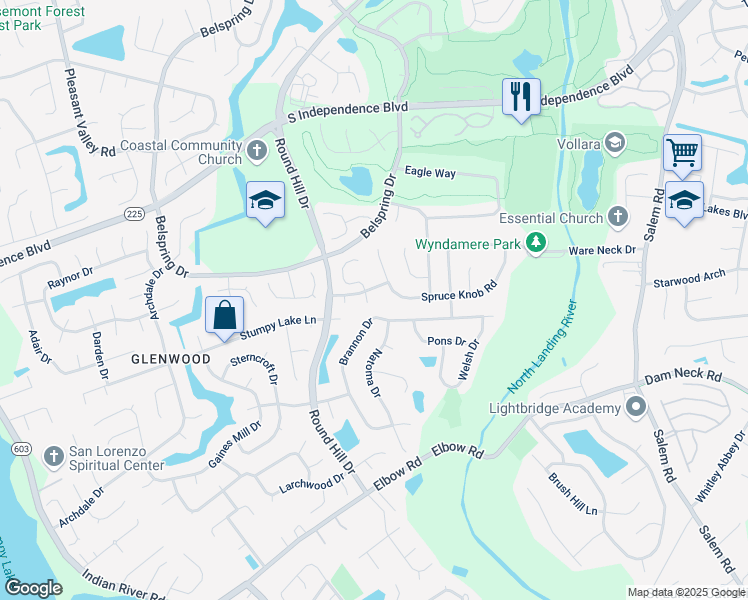 map of restaurants, bars, coffee shops, grocery stores, and more near 3568 Brannon Drive in Virginia Beach