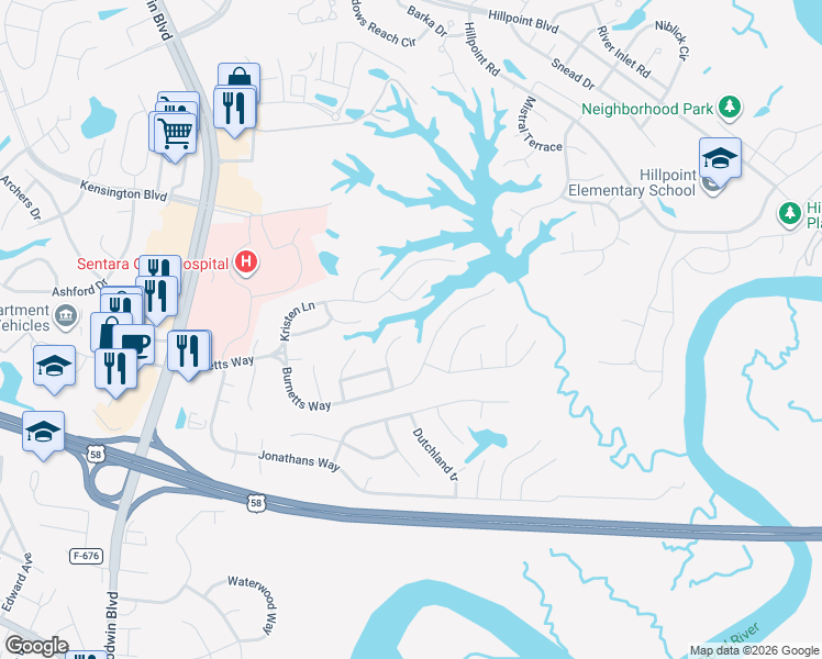 map of restaurants, bars, coffee shops, grocery stores, and more near 116 Timberneck Arch in Suffolk