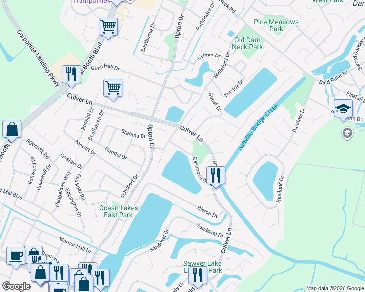 map of restaurants, bars, coffee shops, grocery stores, and more near 1068 Casanova Drive in Virginia Beach