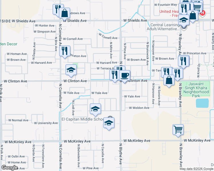 map of restaurants, bars, coffee shops, grocery stores, and more near 2375 North Cecelia Avenue in Fresno