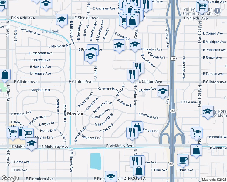 map of restaurants, bars, coffee shops, grocery stores, and more near 4026 Kenmore Drive North in Fresno