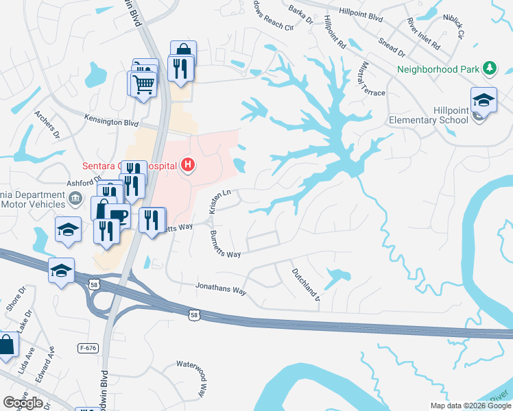 map of restaurants, bars, coffee shops, grocery stores, and more near 112 Toddsbury Court in Suffolk