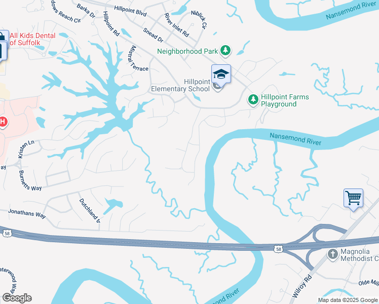 map of restaurants, bars, coffee shops, grocery stores, and more near 2857 Cross Landing Drive in Suffolk