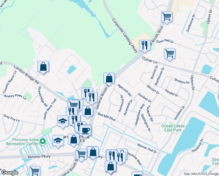 map of restaurants, bars, coffee shops, grocery stores, and more near 2000 General Booth Boulevard in Virginia Beach