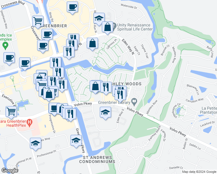 map of restaurants, bars, coffee shops, grocery stores, and more near 1134 Mill Lake Quarter in Chesapeake