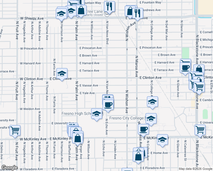 map of restaurants, bars, coffee shops, grocery stores, and more near N Van Ness Blvd & E Vassar Ave in Fresno
