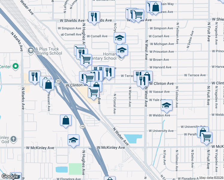map of restaurants, bars, coffee shops, grocery stores, and more near 1715 West Clinton Avenue in Fresno