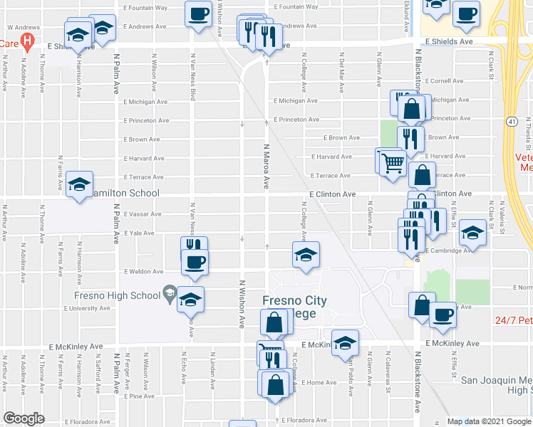 map of restaurants, bars, coffee shops, grocery stores, and more near 922 East Vassar Avenue in Fresno