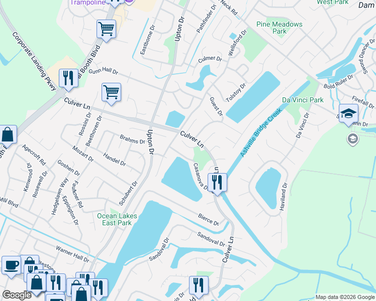 map of restaurants, bars, coffee shops, grocery stores, and more near 1068 Casanova Drive in Virginia Beach