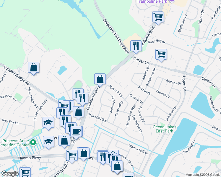 map of restaurants, bars, coffee shops, grocery stores, and more near 2136 Kenwood Drive in Virginia Beach