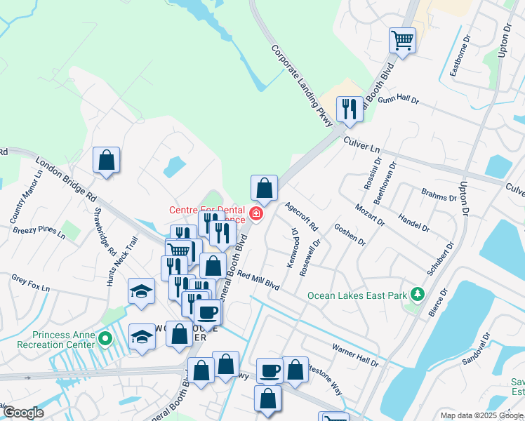map of restaurants, bars, coffee shops, grocery stores, and more near 2000 General Booth Boulevard in Virginia Beach