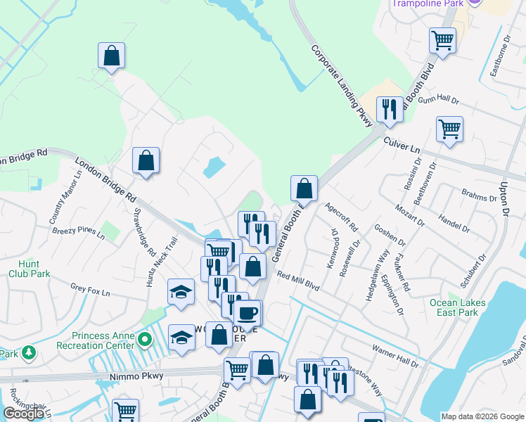 map of restaurants, bars, coffee shops, grocery stores, and more near 2112 Havering Court in Virginia Beach