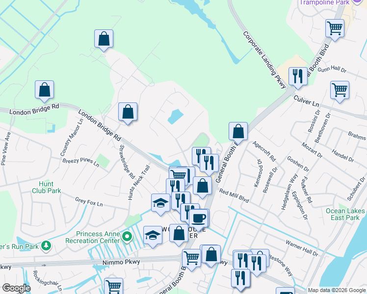 map of restaurants, bars, coffee shops, grocery stores, and more near 1945 Lewisham Way in Virginia Beach