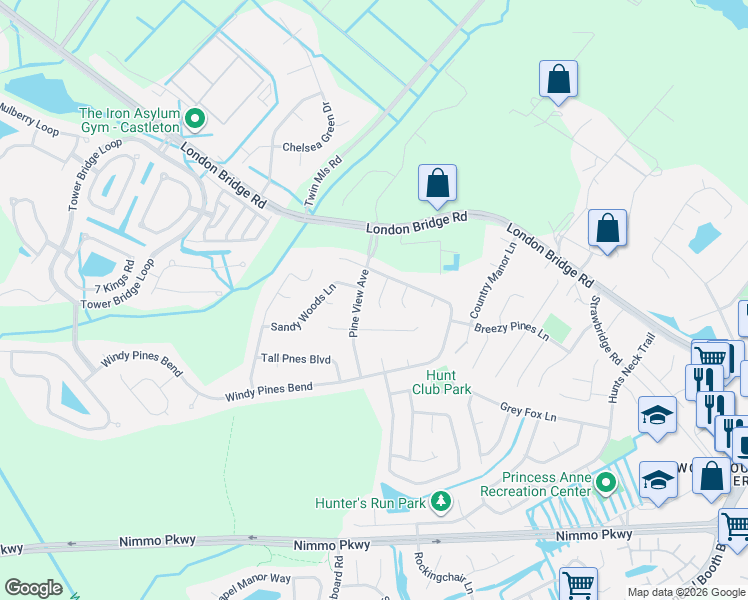 map of restaurants, bars, coffee shops, grocery stores, and more near 1921 Windy Pines Court in Virginia Beach